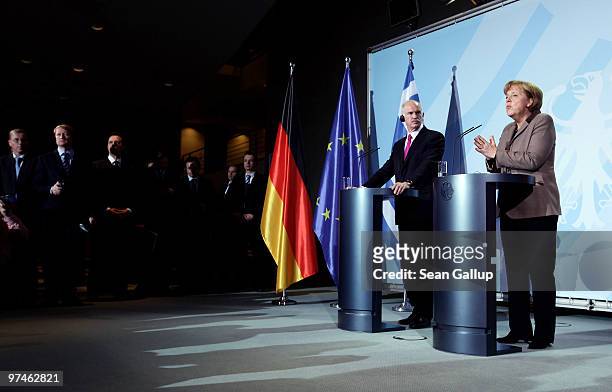 German Chancellor Angela Merkel and Greek Prime Minister George Papandreou speak to the media following talks at the Chancellery on March 5, 2010 in...