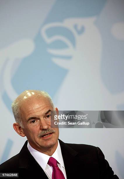 Greek Prime Minister George Papandreou speaks to the media following talks with German Chancellor Angela Merkel at the Chancellery on March 5, 2010...