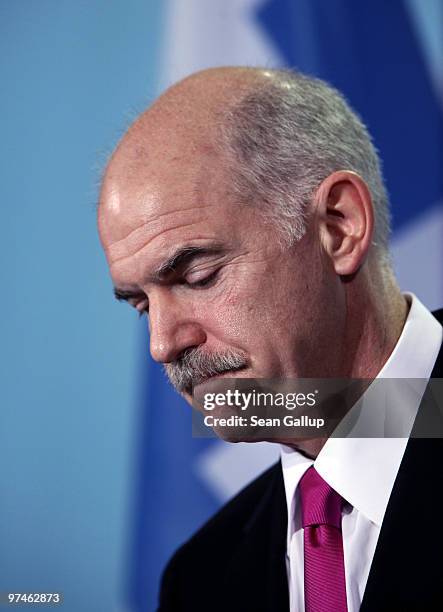 Greek Prime Minister George Papandreou speaks to the media following talks with German Chancellor Angela Merkel at the Chancellery on March 5, 2010...