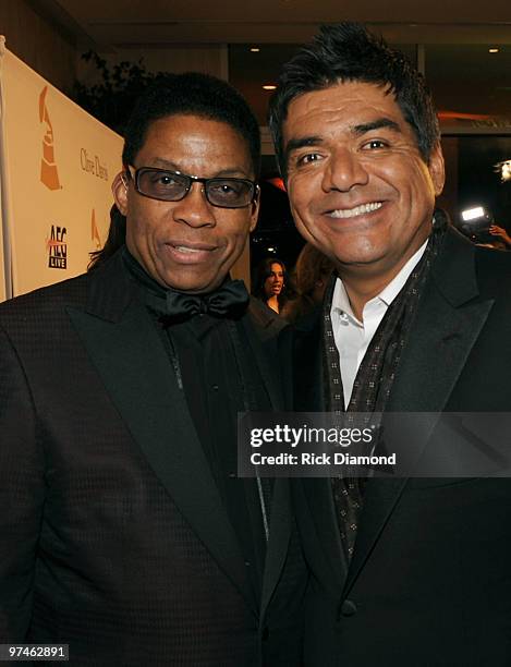 Songwriter Herbie Hancock and actor George Lopez arrive at the 52nd Annual GRAMMY Awards - Salute To Icons Honoring Doug Morris held at The Beverly...