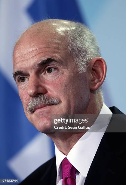 Greek Prime Minister George Papandreou speaks to the media following talks with German Chancellor Angela Merkel at the Chancellery on March 5, 2010...