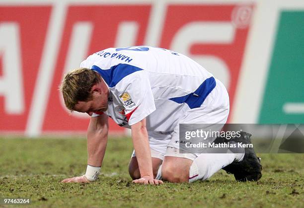 Enrico Kern of Rostock is seen during the Second Bundesliga match between FC Hansa Rostock and Rot-Weiss Ahlen at the DKB Arena on March 5, 2010 in...