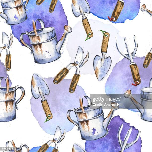 gardening tools watercolor and ink drawing in seamless pattern - garden scissors stock illustrations