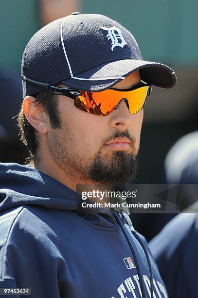 Daniel Schlereth of the Detroit Tigers looks on against the Toronto Blue Jays during a spring training game at Joker Marchant Stadium on March 4,...