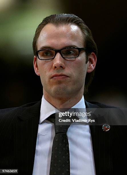 Coach Bjoern Harmsen is pictured during the Beko Bundesliga game between Giants Duesseldorf and Mitteldeutscher BC at Burg-Waechter Castello on March...