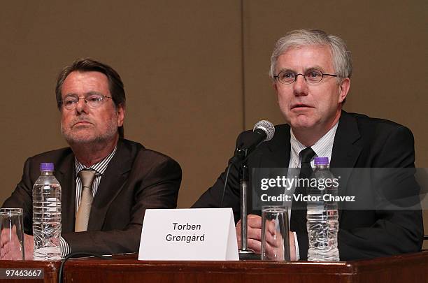 Jacob Jorgensen, director and producer and Torben Grongard, Odense museum director attend a press conference during the "The Wild Swans" exhibition...