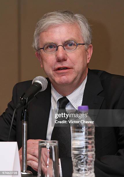 Torben Grongard, Odense museum director attends a press conference during the "The Wild Swans" exhibition at Franz Mayer Museum on March 4, 2010 in...