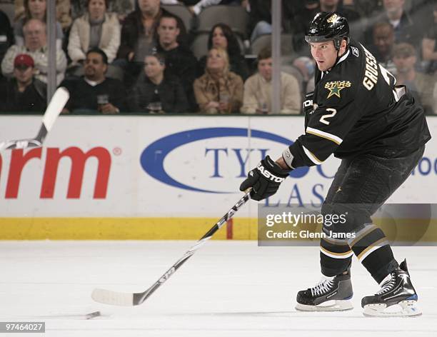 Nicklas Grossman of the Dallas Stars skates against the St. Louis Blues on March 4, 2010 at the American Airlines Center in Dallas, Texas.