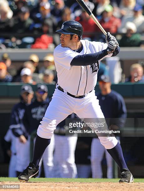 Johnny Damon of the Detroit Tigers bats against the Toronto Blue Jays during a spring training game at Joker Marchant Stadium on March 4, 2010 in...