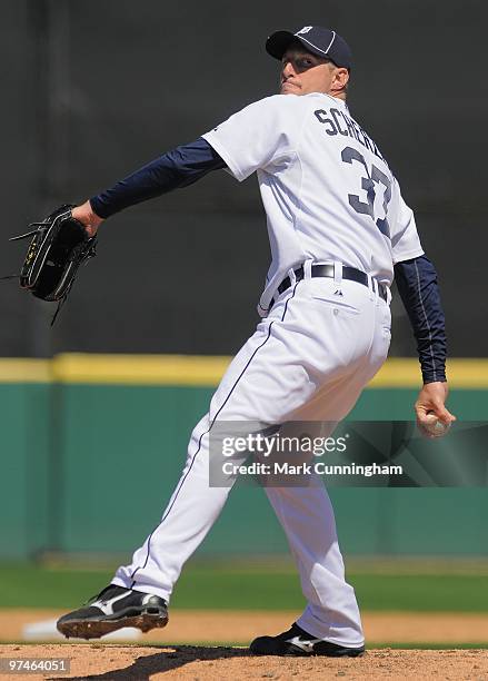 Max Scherzer of the Detroit Tigers pitches against the Toronto Blue Jays during a spring training game at Joker Marchant Stadium on March 4, 2010 in...