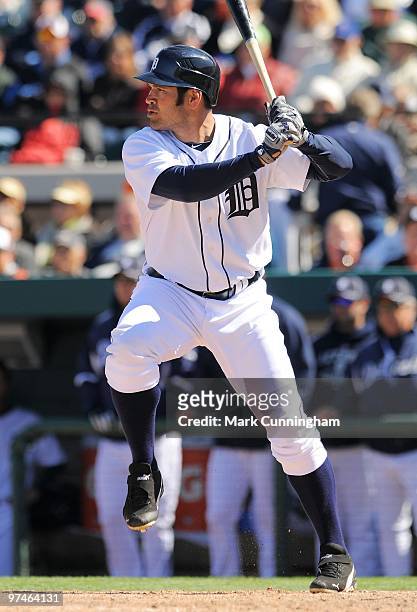 Johnny Damon of the Detroit Tigers bats against the Toronto Blue Jays during a spring training game at Joker Marchant Stadium on March 4, 2010 in...