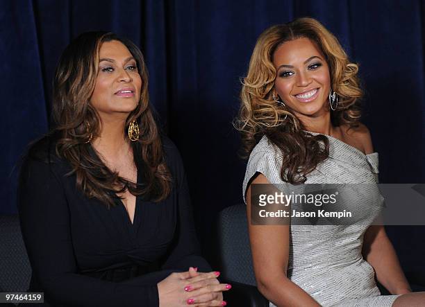 Tina Knowles and Beyonce Knowles attend the unveiling of the Beyoncé Cosmetology Center on March 5, 2010 in New York City.