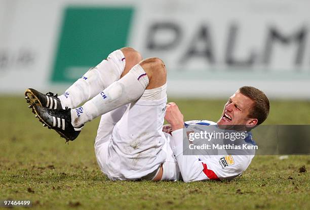 Gardar Johannsson of Rostock is seen during the Second Bundesliga match between FC Hansa Rostock and Rot-Weiss Ahlen at the DKB Arena on March 5,...