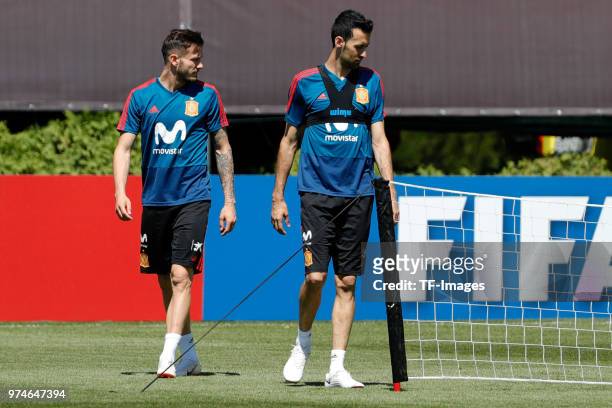 Saúl Ñíguez of Spain and Sergio Busquets of Spain look on during a training session on June 11, 2018 in Krasnodar, Russia.