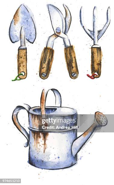 ilustraciones, imágenes clip art, dibujos animados e iconos de stock de jardinería herramientas acuarela y tinta de dibujo aislado en blanco - horca artículos de jardín