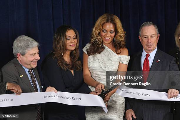 Brooklyn Borough President Marty Markowitz, Tina Knowles, recording artist Beyonce and Michael Bloomberg, Mayor of New York attend the unveiling of...