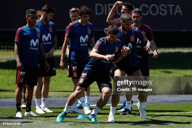 Sergio Ramos of Spain and Cesar Azpilicueta of Spain warm up during a training session on June 12, 2018 in Krasnodar, Russia.