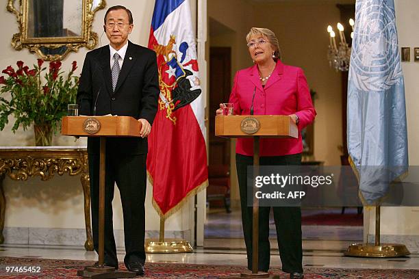 Chile's President Michelle Bachelet speaks during a joint press conference with UN chief Ban Ki-moon at La Moneda palace in Santiago on March 5,...