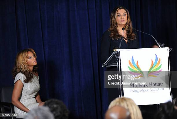 Beyonce Knowles and Tina Knowles attend the unveiling of the Beyoncé Cosmetology Center on March 5, 2010 in New York City.
