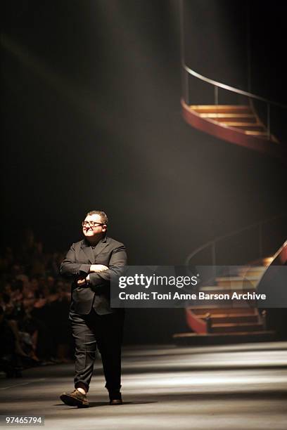 Designer Alber Elbaz greets the audience during the Lanvin Ready to Wear show as part of the Paris Womenswear Fashion Week Fall/Winter 2011 at Halle...