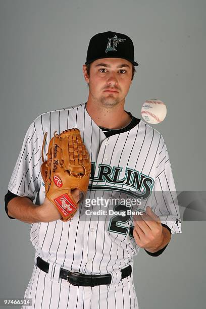 Pitcher Andrew Miller of the Florida Marlins poses during photo day at Roger Dean Stadium on March 2, 2010 in Jupiter, Florida.