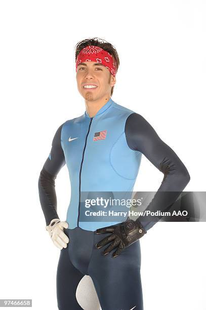 Olympic Short Track Speed Skater Apolo Anton Ohno of the United States poses with his eight Winter Olympic medals during a photo shoot on March 3,...