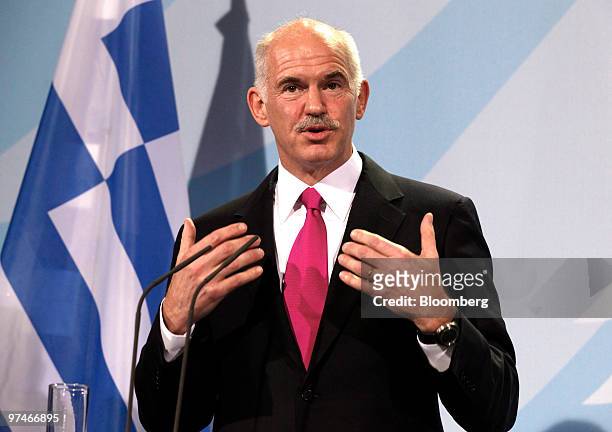 George Papandreou, prime minister of Greece, speaks during a news conferencer with Angela Merkel, Germany's chancellor, at the German chancellory in...
