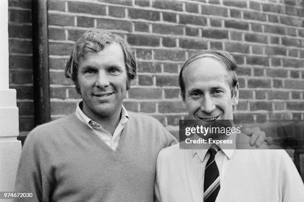 English soccer players Bobby Moore and Bobby Charlton at the Hendon Hall Hotel, where Charlton is waiting to hear if he has been selected for the...