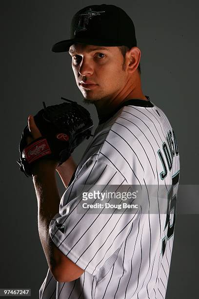 Pitcher Josh Johnson of the Florida Marlins poses during photo day at Roger Dean Stadium on March 2, 2010 in Jupiter, Florida.