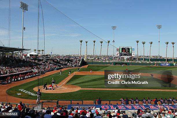 General view of Goodyear Ballpark during the spring training game between the Cleveland Indians and the Cincinnati Reds on March 5, 2010 in Goodyear,...