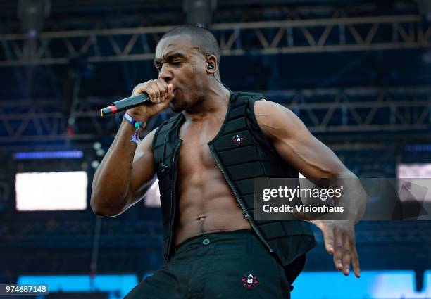 Bugzy Malone performs on the Valley stage on day one of the Parklife Festival at Heaton Park on June 9, 2018 in Manchester, England.