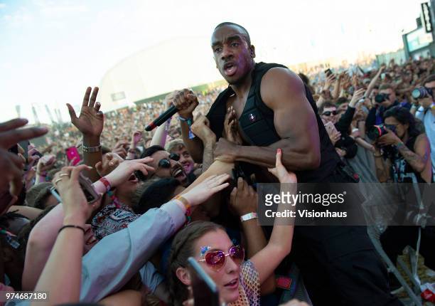 Bugzy Malone mixes with the crowd at the Valley stage on day one of the Parklife Festival at Heaton Park on June 9, 2018 in Manchester, England.