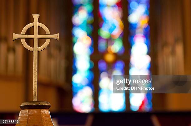 cross on church alter - stained glass stock pictures, royalty-free photos & images