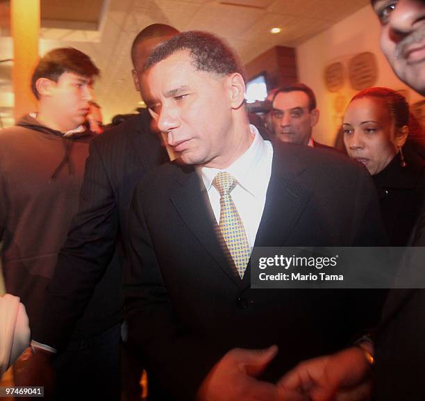 New York Governor David Paterson attends the grand opening of The Palm Bar and Grille at John F. Kennedy International Airport March 5, 2010 in the...