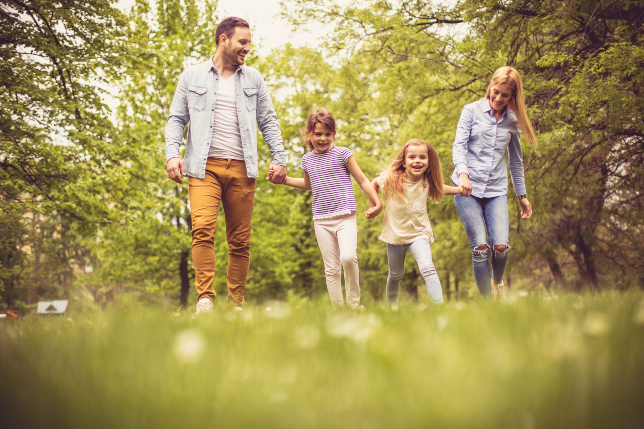 family walking park