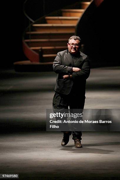 Designer Alber Elbaz walks the runway during the Lanvin Ready to Wear show as part of the Paris Womenswear Fashion Week Fall/Winter 2011 at Halle...