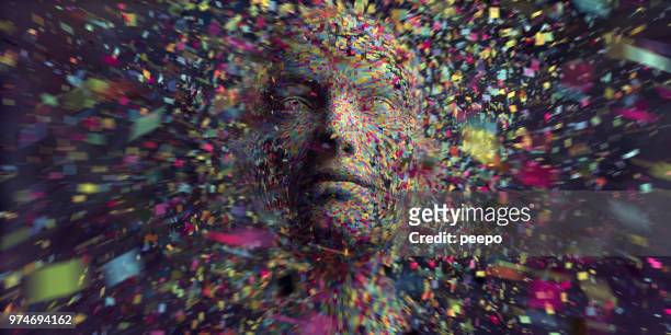 multi coloured squares in mid air gathering to form head - chaos theory stock pictures, royalty-free photos & images