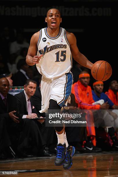 Randy Foye of the Washington Wizards brings the ball upcourt against the New York Knicks during the game on February 26, 2010 at the Verizon Center...