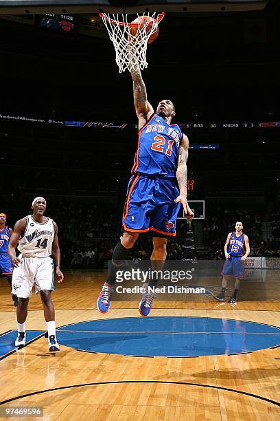 Wilson Chandler of the New York Knicks goes to the basket against the Washington Wizards during the game on February 26, 2010 at the Verizon Center...
