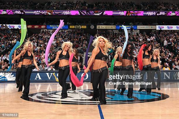 Jenna Gillund performs with the Dallas Mavericks dance team during the game against the Los Angeles Lakers at the American Airlines Center on...