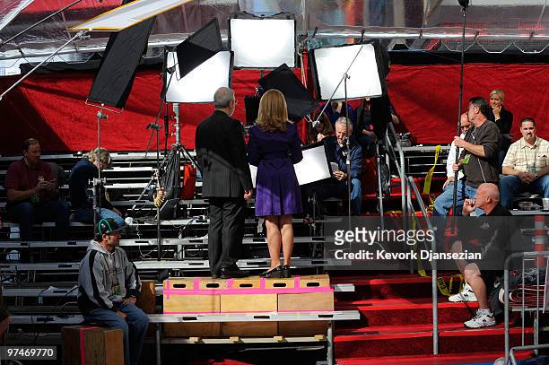 Film critic Leonard Maltin and television personality Mary Hart rehearse on the red carpet in preparation for the 82nd Academy Awards at the Kodak...