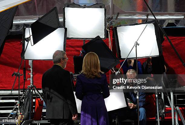 Film critic Leonard Maltin and television personality Mary Hart rehearse on the red carpet in preparation for the 82nd Academy Awards at the Kodak...