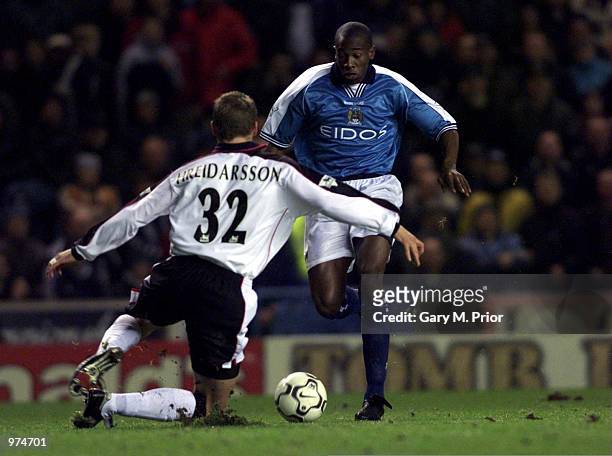 Paulo Wanchope of Man City goes past Herman Hreidarsson of Ipswich during the Manchester City v Ipswich Town Worthington Cup Fifth Round match at...