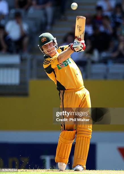 Brad Haddin of Australia bats during the Second One Day International match between New Zealand and Australia at Eden Park on March 6, 2010 in...