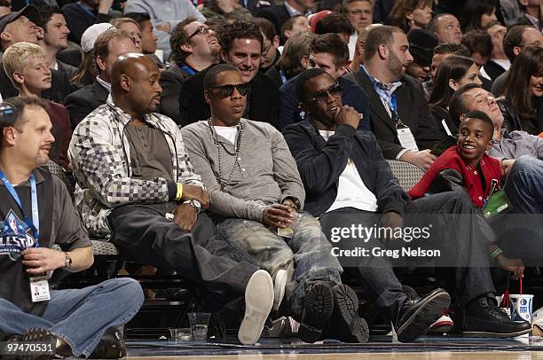 Slam Dunk Contest: View of celebrity rappers Jay-Z and P. Diddy in stands during All-Star Saturday Night of All Star Weekend at American Airlines...