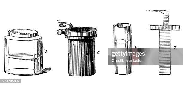 die bunsen-zelle ist eine zink-kohle-primärzelle (umgangssprachlich auch als "batterie") bestehend aus einem zinkanode in verdünnte schwefelsäure, getrennt durch einen porösen topf aus einem kohlenstoff-kathode in salpetersäure oder chromsäure säure - sulfuric acid stock-grafiken, -clipart, -cartoons und -symbole