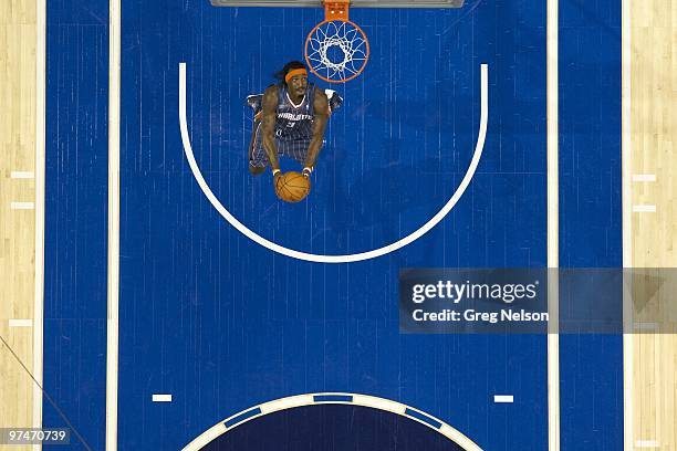 Slam Dunk Contest: Aerial view of Charlotte Bobcats Gerald Wallace in action during All-Star Saturday Night of All Star Weekend at American Airlines...