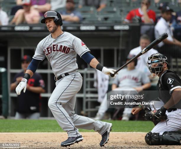 Yan Gomes of the Cleveland Indians hits a double in the 6th inning against the Chicago White Sox at Guaranteed Rate Field on June 14, 2018 in...