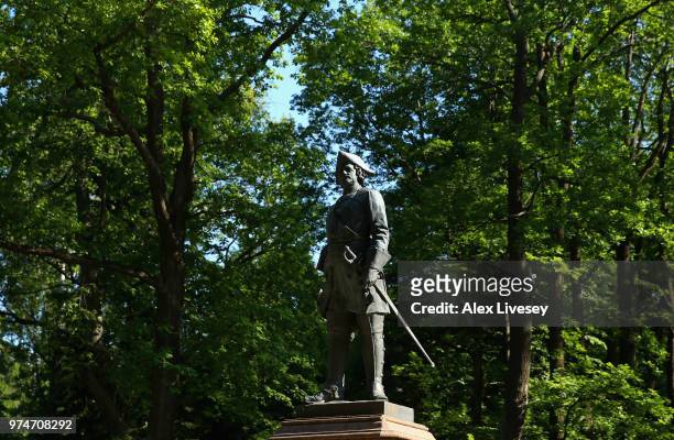 Statue of Peter the Great, the founder of St Petersburg, is seen at Peterhof ahead of the 2018 FIFA World Cup in Russia on June 14, 2018 in St...