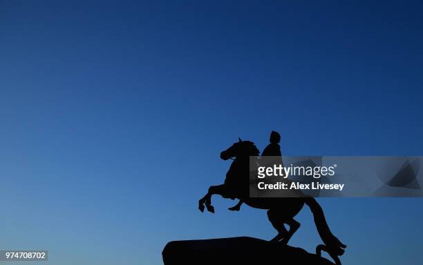 Statue of Peter the Great, the founder of St Petersburg, is seen in St Petersburg ahead of the 2018 FIFA World Cup in Russia on June 14, 2018 in St...